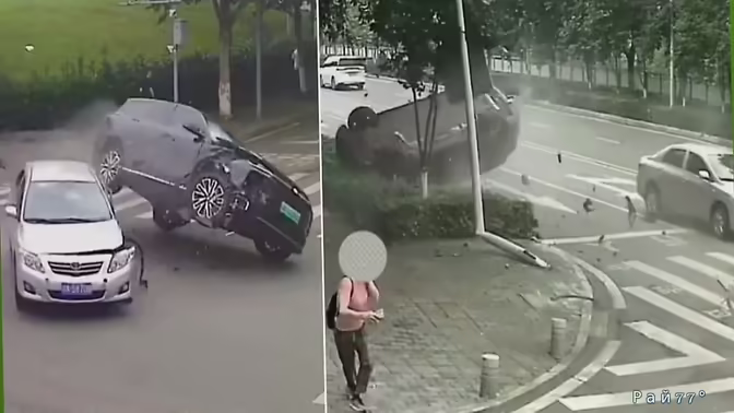 В КНР внедорожник выехал на встречную полосу перед поворачивающим седаном