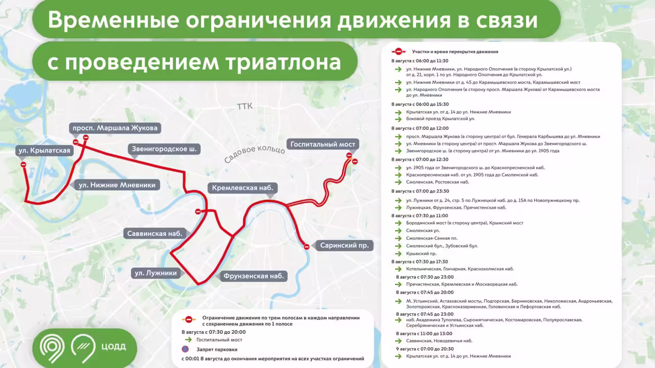 8 и 9 августа в Москве ограничат движение из-за триатлона