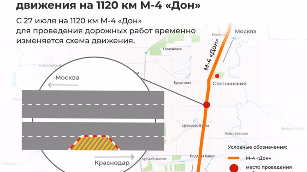 На М-4 «Дон» в Краснодарском крае поэтапно введут ограничения движения из-за ремонта