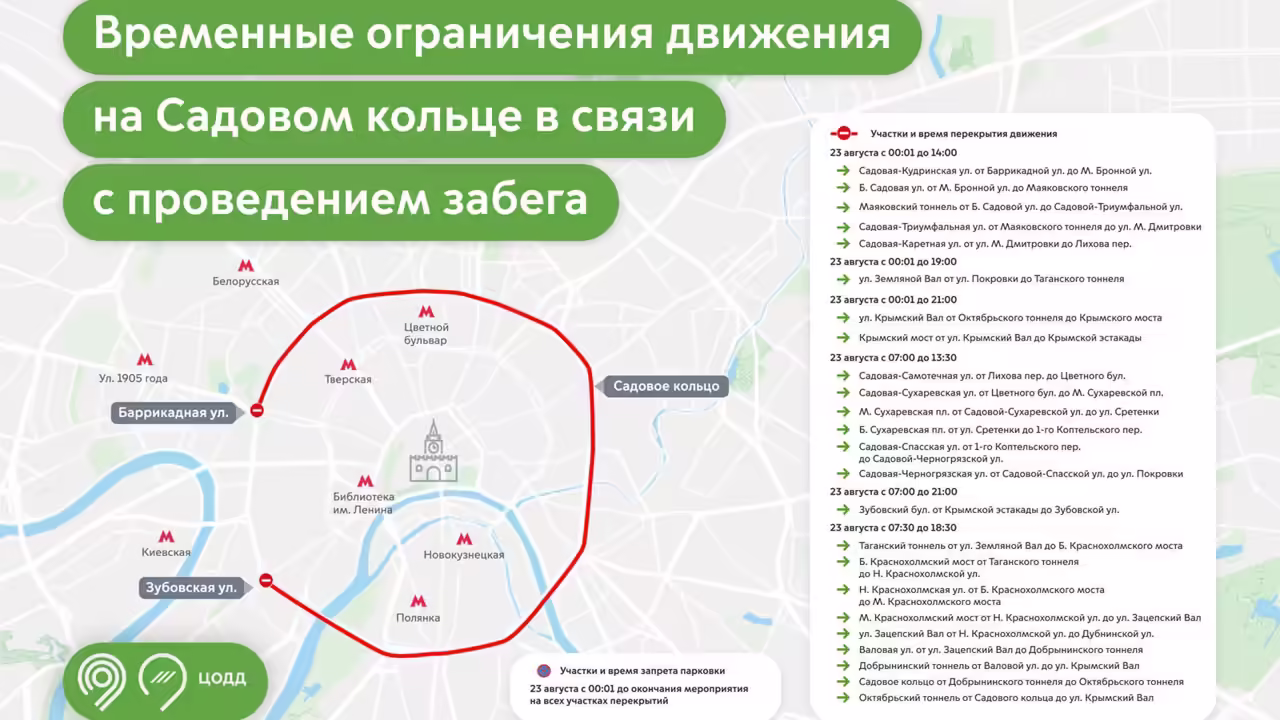 Перекрытие дорог в Москве 23 августа: временно закроют участки Садового кольца