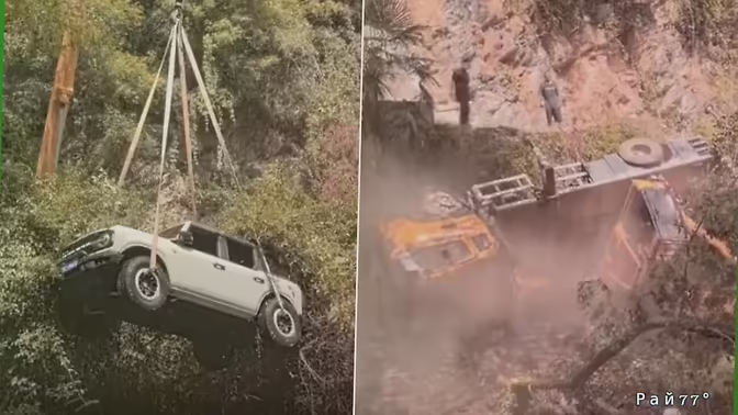 Обрушение в водоём автокрана, вытаскивающего автомобиль, попало на видео в Китае