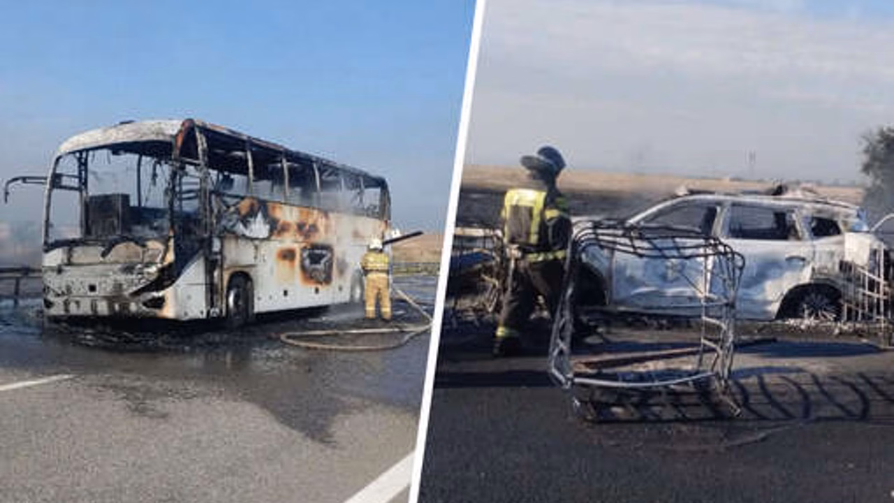 В Ростовской области столкнулись и загорелись автобус, грузовик и легковушка