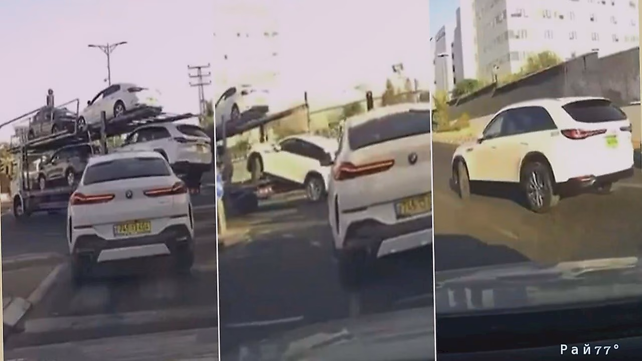 Укатившийся во время движения с платформы автовоза автомобиль попал на видео в Израиле